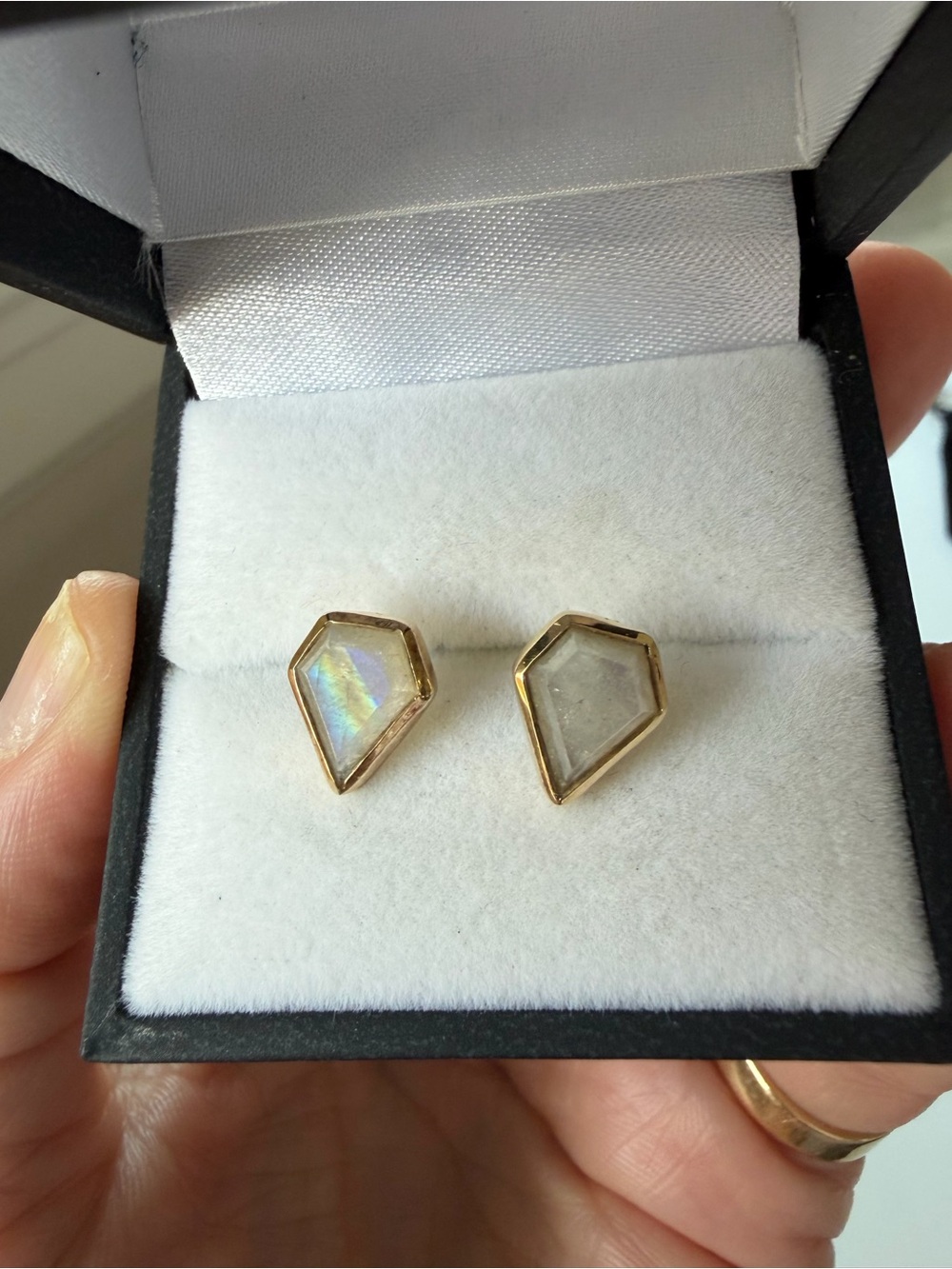 925 Stirling Silver Gold Hexagon Moonstone Stud Earrings - White Iridescent